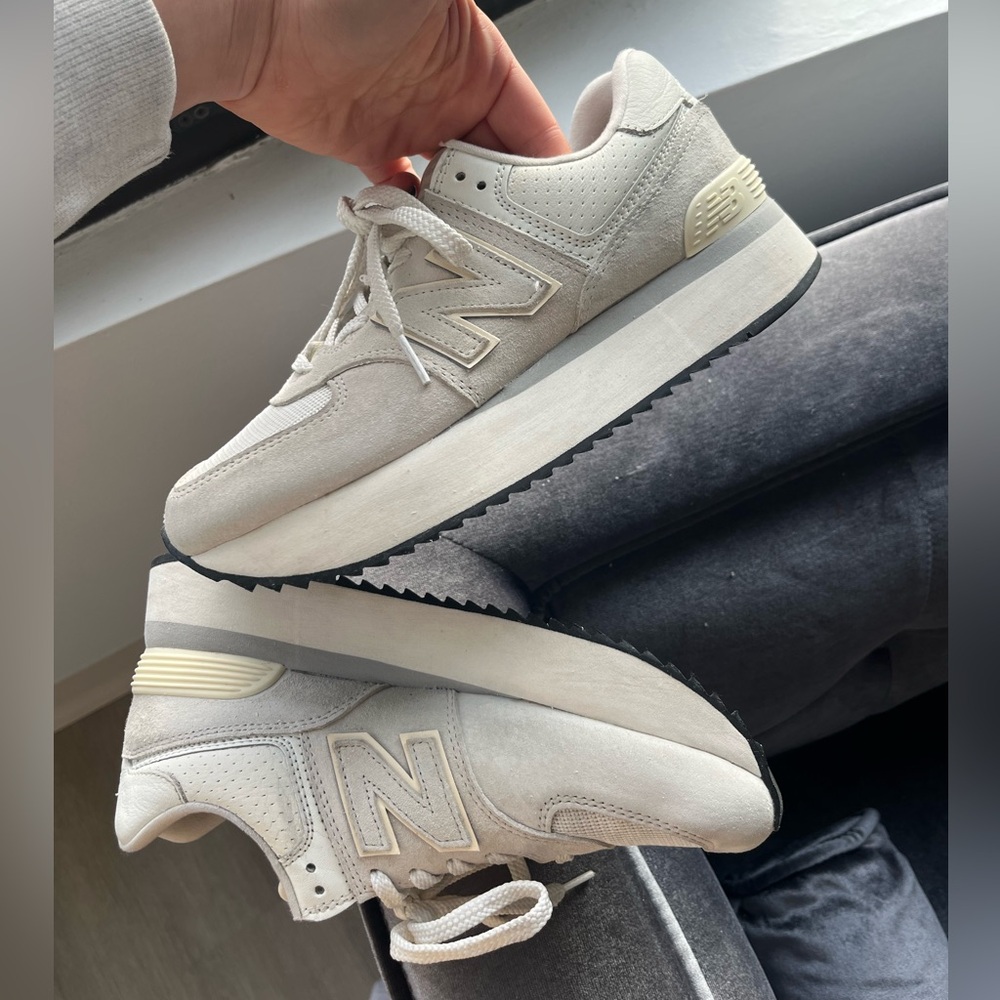 New Balance 574+ off white cream sneakers